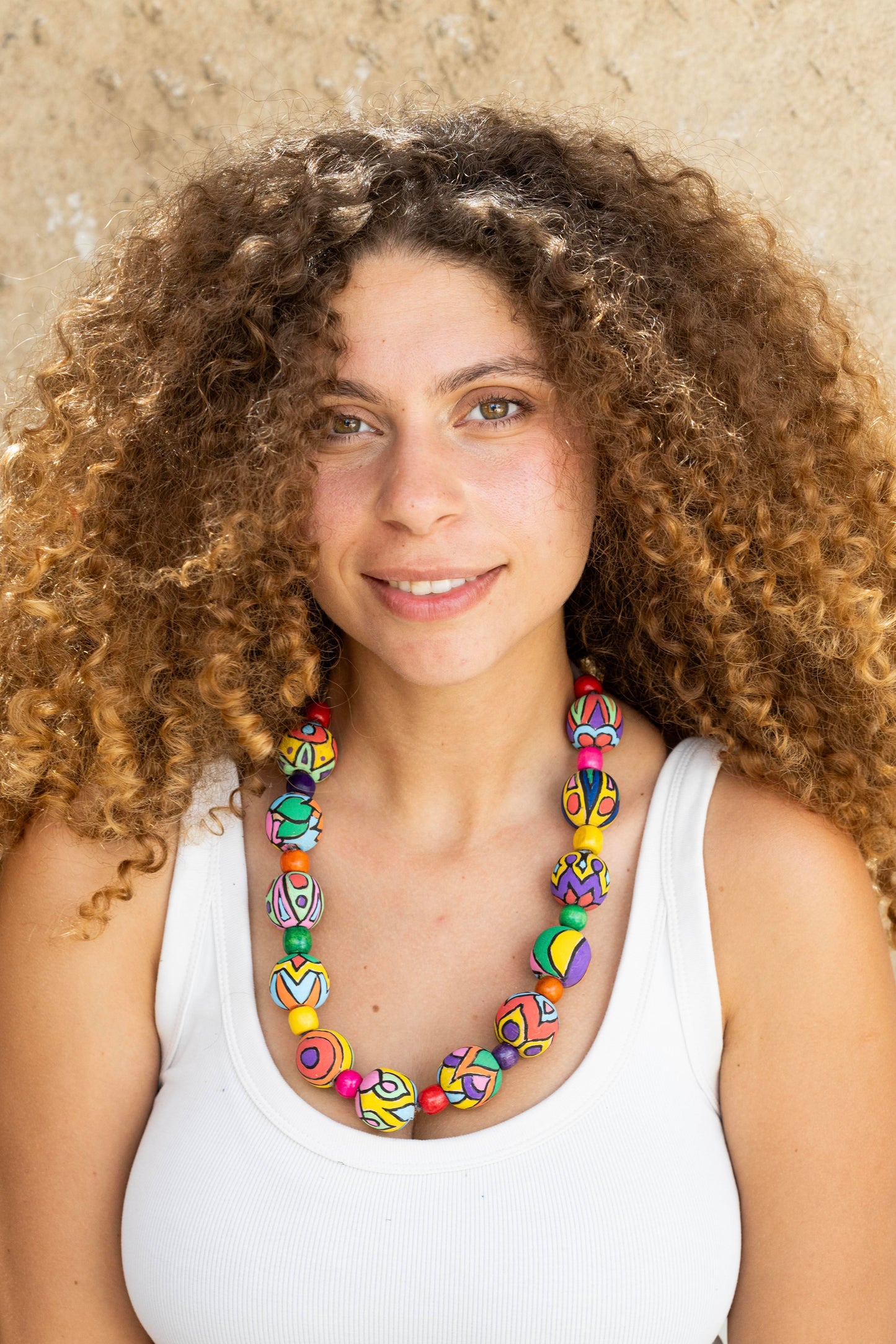 Hand-painted large beads leather necklace